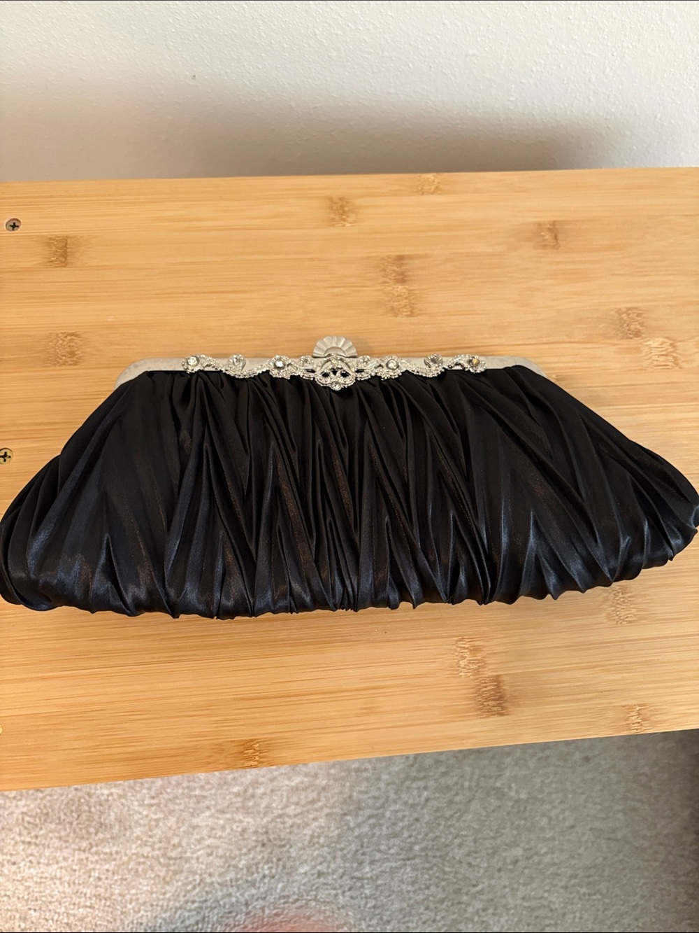 Elegant Black Satin Evening Clutch with Silver Accents